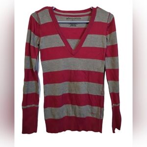 Aeropostale V-Neck Red and Gray Striped Longsleeve Top Y2K Era Stretchy And Soft